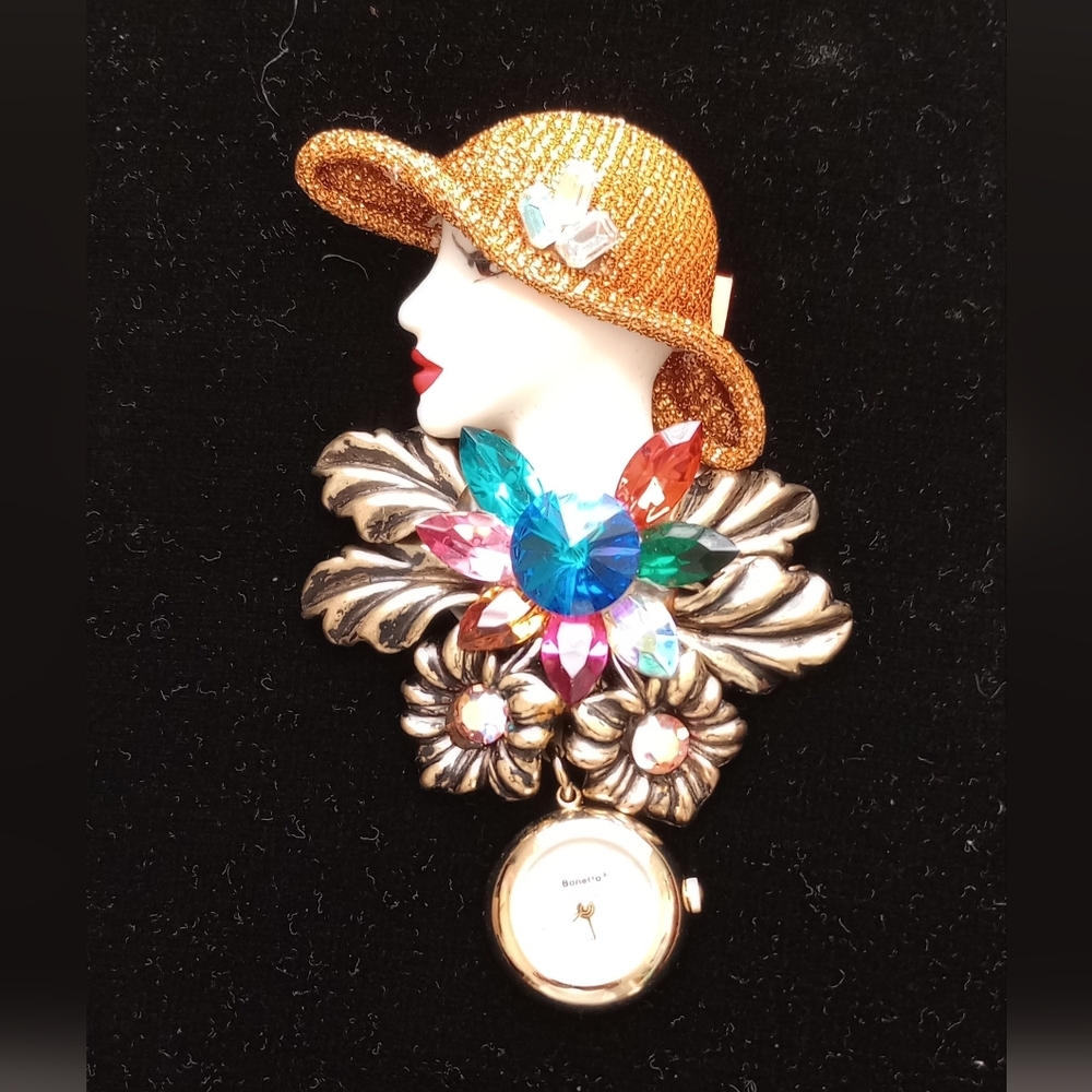 Colorful Brooch with Watch Pendant